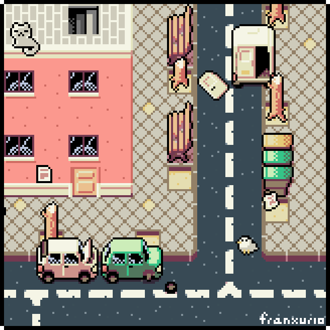 animacion pixel art barrio señora gato coches